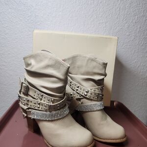 Mojo Moxy Studded Beige Ankle Boots